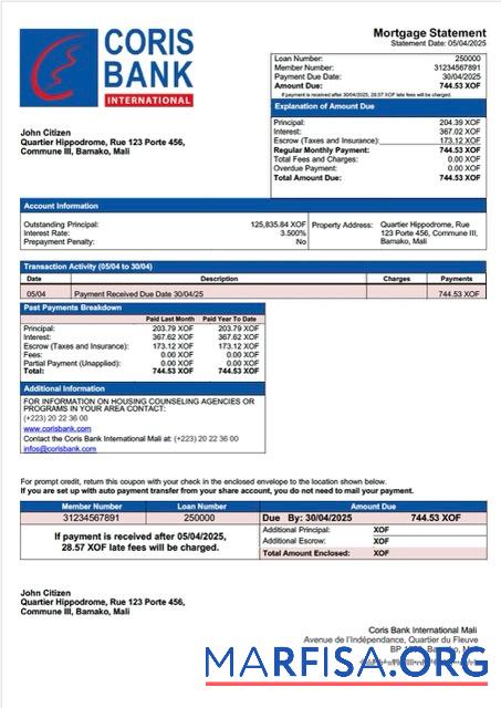Printable Mali Coris Bank International Mali mortgage statement Word and PDF template